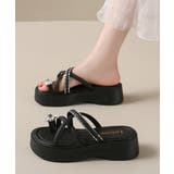 ブラック | クロスストラップ厚底トングサンダル夏美脚 | Miniministore