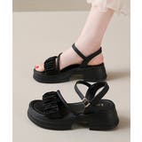 ブラック | 厚底サンダル 太ヒールフリルサンダル美脚 | Miniministore