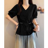 ブラック | ドロストシャツブラウス パール付夏服半袖 | Miniministore