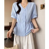 ブルー | ドロストシャツブラウス パール付夏服半袖 | Miniministore