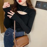 ブラック | ニットトップス 胸開き プチハイネック | Miniministore