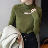 オリーブグリーン | ニットトップス 胸開き プチハイネック | Miniministore