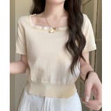 ベージュ | スクエアネック サマーニット トップス | ANGELCLOSET