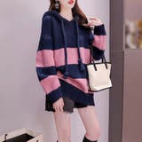 ネイビー*ピンク | ニットパーカー ボーダー柄レディース韓国 | Miniministore