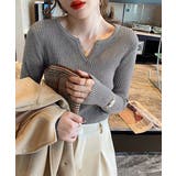 ダークグレー | Vネック ニットトップス 長袖ニットソー | ANGELCLOSET