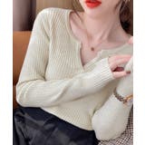 アイボリー | Vネック ニットトップス 長袖ニットソー | ANGELCLOSET
