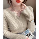 ライトベージュ | Vネック ニットトップス 長袖ニットソー | ANGELCLOSET