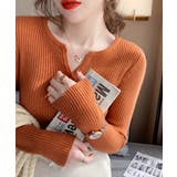 オレンジ | Vネック ニットトップス 長袖ニットソー | ANGELCLOSET