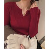 ワインレッド | Vネック ニットトップス 長袖ニットソー | ANGELCLOSET