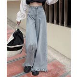 サックスブルー | ワイドデニムパンツ 裾フリンジ ジーパン | Miniministore