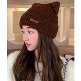 ブラウン | 猫耳ビーニー リブニット帽子 レディース | Miniministore