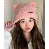 ピンク | 猫耳ビーニー リブニット帽子 レディース | Miniministore