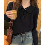 ブラック | ポロカラーニットトップス ゴールドボタン | Miniministore