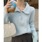 ライトブルー | ポロカラーニットトップス ゴールドボタン | Miniministore