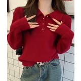 ワインレッド | ポロカラーニットトップス ゴールドボタン | Miniministore