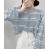 ブルー | 透かし編み ニットトップス ボーダー夏服 | Miniministore