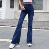 ネイビー | デニム フレアパンツ 裾フリンジ 美脚 | Miniministore