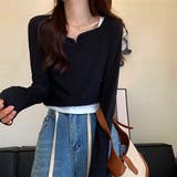 ブラック | ショート丈トップス キーネック Tシャツ | Miniministore