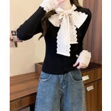 ブラック | ニットトップス 刺しゅうレース ボウタイ | Miniministore