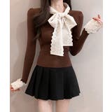 ブラウン | ニットトップス 刺しゅうレース ボウタイ | Miniministore