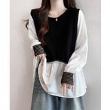 ブラック | シャツブラウス 異素材 トップス 長袖 | Miniministore