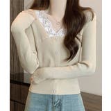 ベージュ | ニットトップス Vネック レース切替え | Miniministore