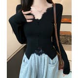 ブラック | カットソー レース切り替え 長袖Tシャツ | Miniministore