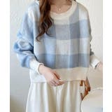 ブルー | チェック柄ニット ショート丈 長袖ニット | SUNSHINE CLOSET