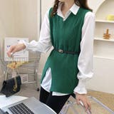 グリーン | ニットベスト スリット入り ブラウス オフィスカジュアル | Miniministore