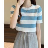 ブルー | サマーニット ボーダー柄 半袖ニットソー | ANGELCLOSET