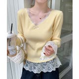 イエロー | ニットトップス レース切替え Vネック服 | Miniministore