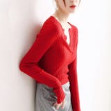 レッド | ニットトップス Vネック 長袖 | Miniministore