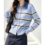 ブルー | おしゃれニットトップスレディース 大人カジュアルカーディガン配色ポロカラー セー… | SUNSHINE CLOSET