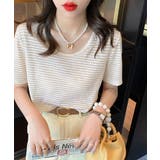 ベージュ | ボーダー柄Tシャツ Vネックカットソー夏 | ANGELCLOSET