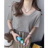 ブラウン | ボーダー柄Tシャツ Vネックカットソー夏 | ANGELCLOSET
