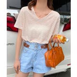 ピンクベージュ | ボーダー柄Tシャツ Vネックカットソー夏 | ANGELCLOSET