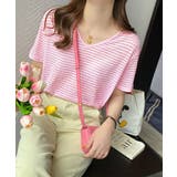 チェリーピンク | ボーダー柄Tシャツ Vネックカットソー夏 | ANGELCLOSET