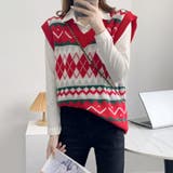 レッド | 総柄ニットベスト レディース レトロ秋冬 | Miniministore