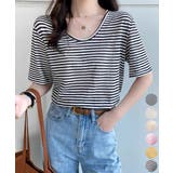 ボーダー柄Tシャツ Vネックカットソー夏 | Miniministore | 詳細画像1 