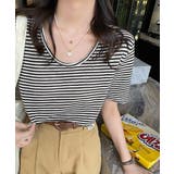 ボーダー柄Tシャツ Vネックカットソー夏 | Miniministore | 詳細画像4 