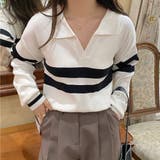 ホワイト | ニットトップスVネック 襟付きニット | Miniministore