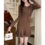 ブラウン | プリーツ裾 長袖リブニットワンピース上品 | Miniministore