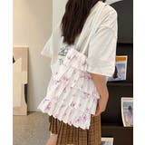 ホワイト系1(パープル花柄) | フリルトートバッグ レディース 肩掛け鞄 | ANGELCLOSET