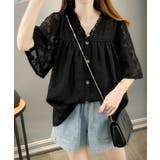 ブラック | Vネックフリルブラウス 花柄刺しゅう夏服 | Miniministore