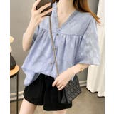 ライトブルー | Vネックフリルブラウス 花柄刺しゅう夏服 | Miniministore