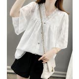 ホワイト | Vネックフリルブラウス 花柄刺しゅう夏服 | Miniministore