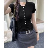ブラック | フロントボタンtシャツレディース クルーネックtシャツ きれいめカジュアル | SUNSHINE CLOSET