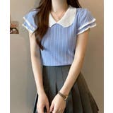 ブルー | フリル袖サマーニット ポロブラウス配色襟 | Miniministore