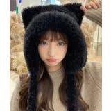 ブラック | くま耳ニット帽 レディース もこもこ帽子 | Miniministore