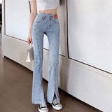 サックス | ハイウエスト デニムパンツ スリット韓国 | Miniministore